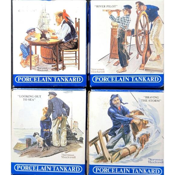 4 Vtg Norman Rockwell 1985 Seafarers Mug Set 24kt Gold Tankard Long John Silvers - Picture 1 of 16